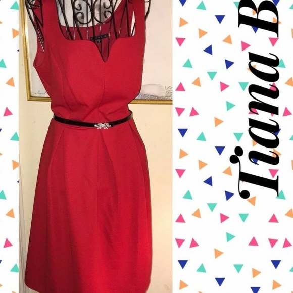 TIANA B RED FIT&FLARE DRESS~BLACK BELT~CRYSTALS~10 - Picture 3 of 6